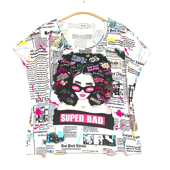 WOWO Boxy Baby Tee Novelty Graphic Print Top Plus SZ 2X XXL Super Bad Newspaper - Picture 1 of 7